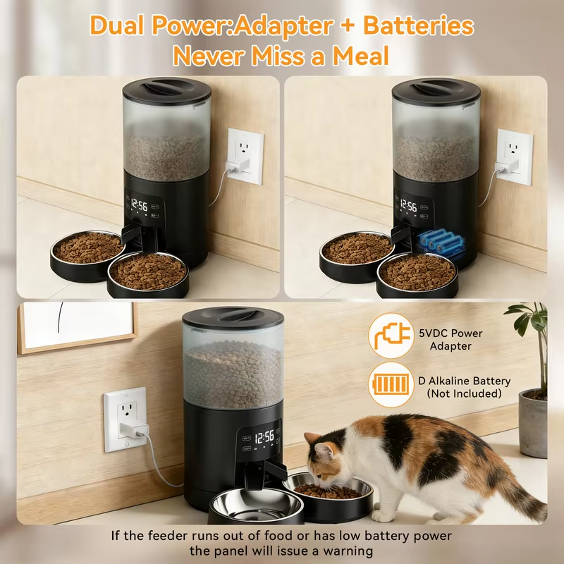 JHK 6L Automatic Cat Feeder with 2 Stainless Bowls Timed Cat Food Dispenser Dual Power Supply Dual Pet Feeder for Cat and Dog