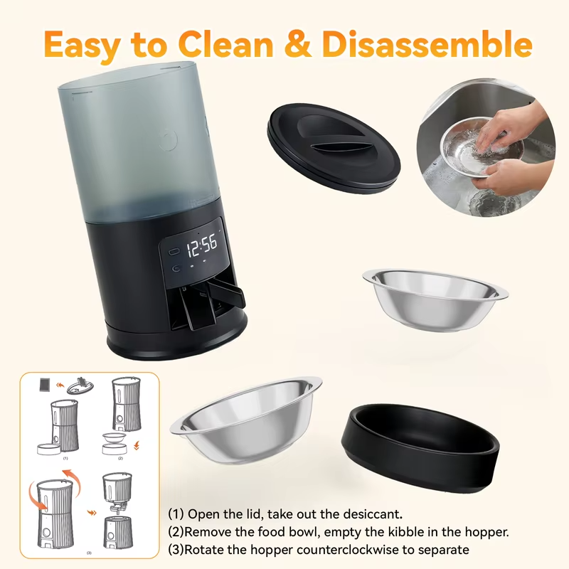 JHK 6L Automatic Cat Feeder with 2 Stainless Bowls Timed Cat Food Dispenser Dual Power Supply Dual Pet Feeder for Cat and Dog