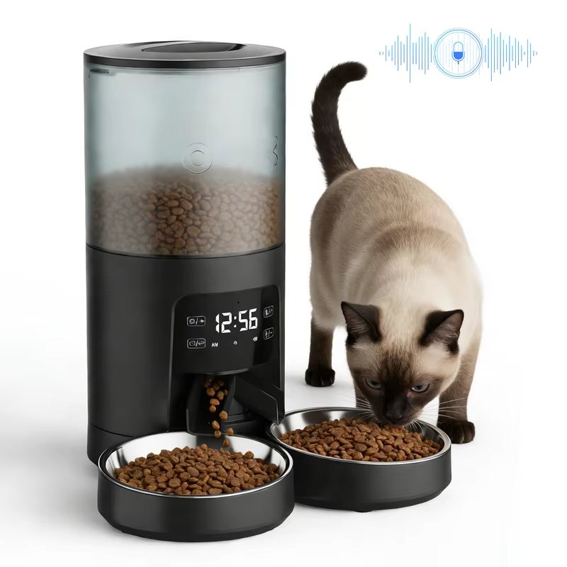 JHK 6L Automatic Cat Feeder with 2 Stainless Bowls Timed Cat Food Dispenser Dual Power Supply Dual Pet Feeder for Cat and Dog