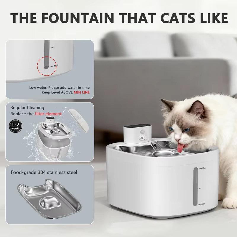 Wireless Cat Water Fountain 3.5L Pet Water Dispenser 4000mAh Long Lasting Battery Life Stainless Steel Pallet and Motion Sensing