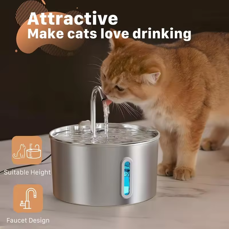 2.2L/3.2L Stainless Steel Pet Water Fountain For Dog Cat Water Dispenser Auto Drinking Fountain with Quiet Pump Cat Water Bowl