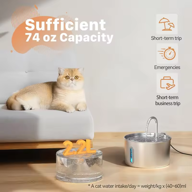 2.2L/3.2L Stainless Steel Pet Water Fountain For Dog Cat Water Dispenser Auto Drinking Fountain with Quiet Pump Cat Water Bowl