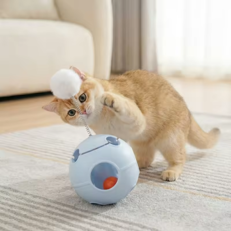 Funny Spring Cat Teasing Ball Ball Automatic Rotation Cat Football with Bells with Feather Rotating Tumbler Exercise