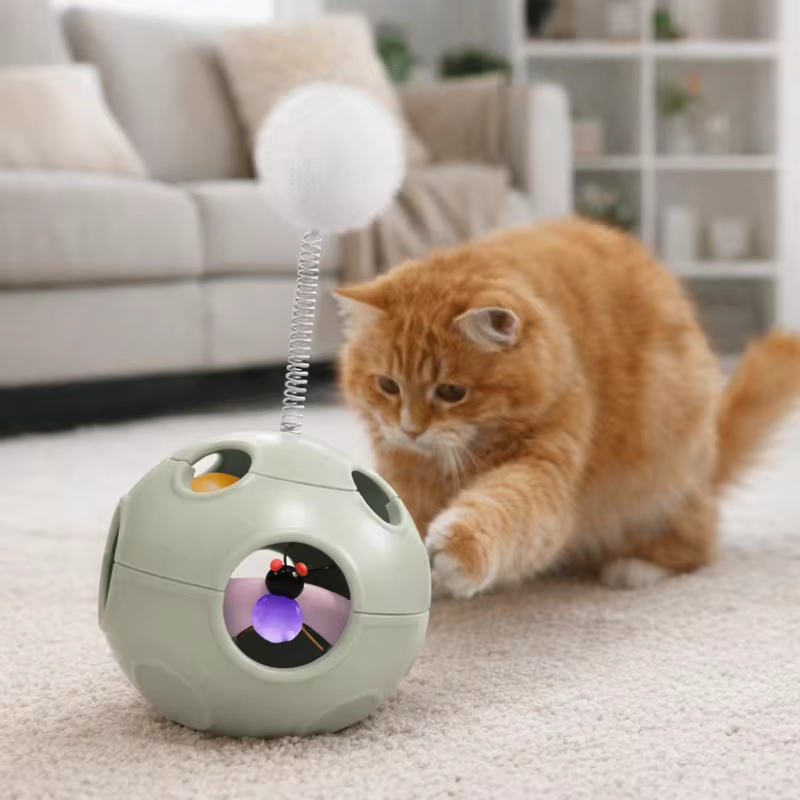Funny Spring Cat Teasing Ball Ball Automatic Rotation Cat Football with Bells with Feather Rotating Tumbler Exercise