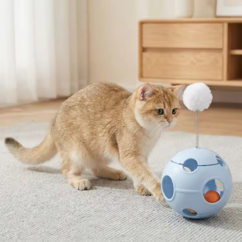 Funny Spring Cat Teasing Ball Ball Automatic Rotation Cat Football with Bells with Feather Rotating Tumbler Exercise